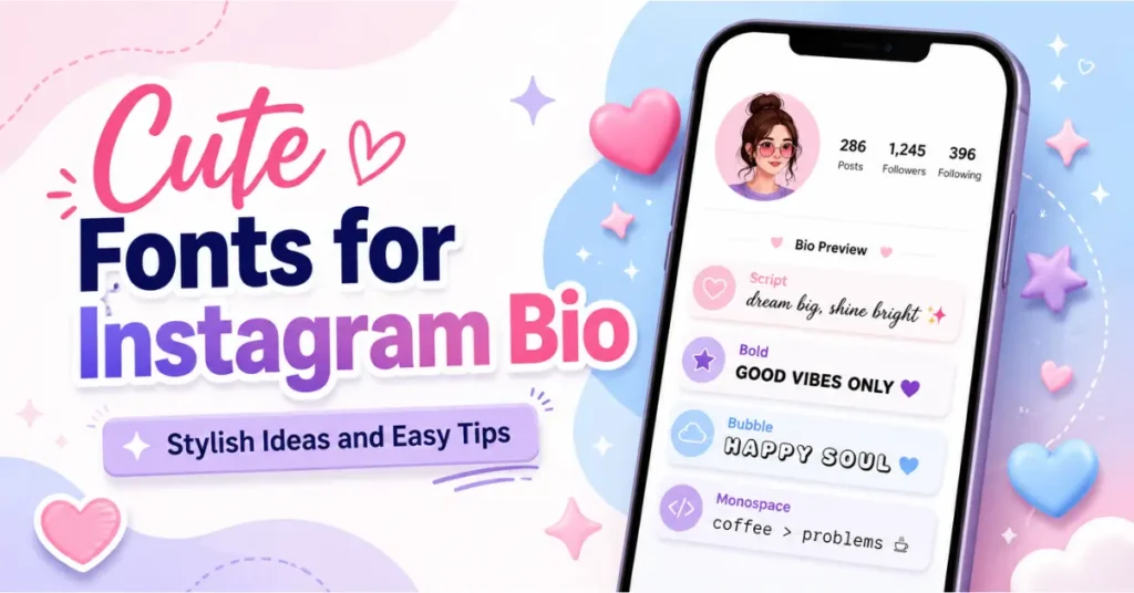 Cute fonts for Instagram bio with stylish text examples and a phone bio preview