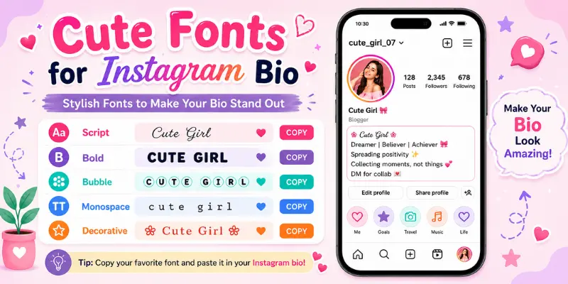 Cute fonts for Instagram bio with stylish font styles and profile preview
