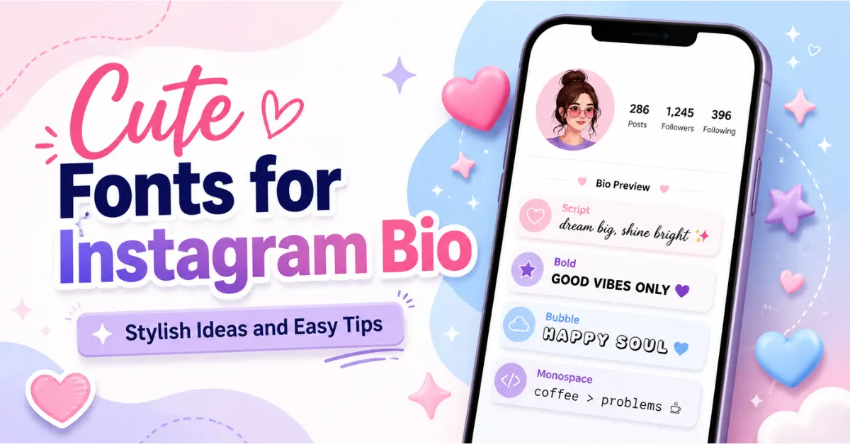 Cute fonts for Instagram bio with stylish text examples and a phone bio preview